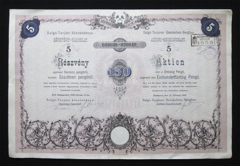 Salgó-Tarjáni Kõszénbánya Rt. részvény 5x30 pengõ 1935